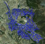 Картата с улиците на Рударци представена върху сателитната снимка от Google Maps